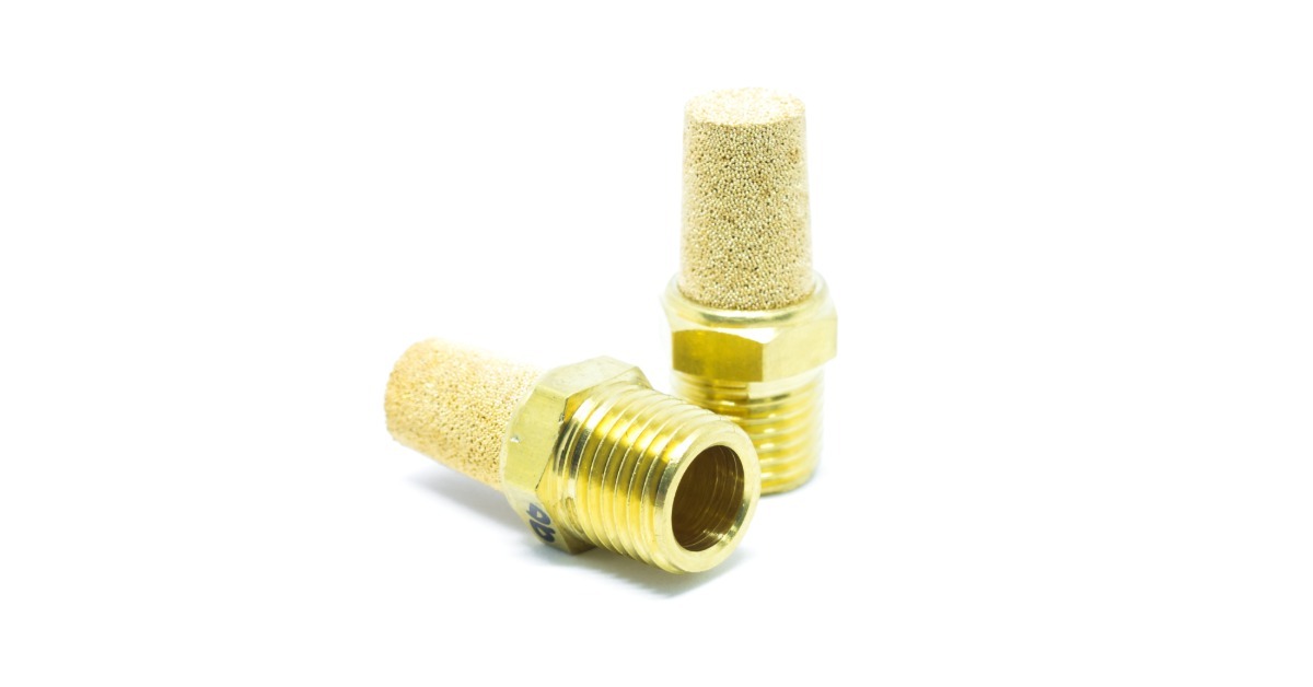 Two brass pneumatic mufflers with threaded bases and porous tops displayed on a clean white background.
