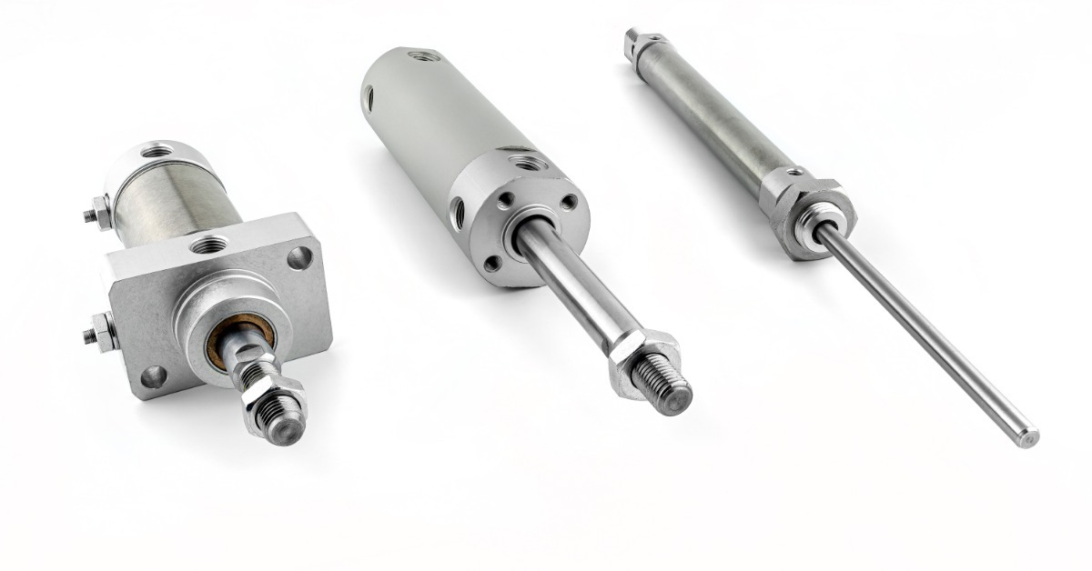Three metal pneumatic cylinders with threaded rods and mounting bases, displayed side by side on a clean white background.